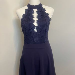 Navy Blue Halter Flower Lace dress